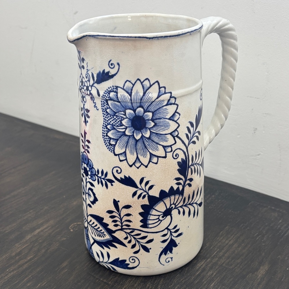 Vintage Blue Meissen England pitcher,white w/ blue flowers, rope handle, 9” tall